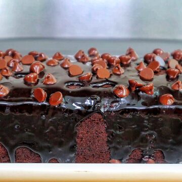 A rich, fudgy loaf of brownie bread topped with hot fudge and a sprinkle of chocolate chips.
