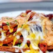 Golden, crispy French fries topped with melted cheese, Cajun sausage, and drizzled with spicy ranch-style sauce, garnished with fresh herbs.