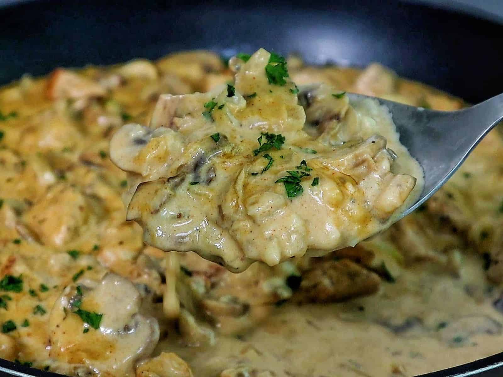 creamy chicken mushroom stroganoff, featuring tender chicken pieces and sautéed mushrooms coated in a rich, golden sauce, garnished with fresh parsley.