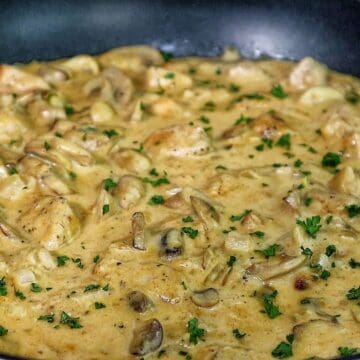 creamy chicken mushroom stroganoff, featuring tender chicken pieces and sautéed mushrooms coated in a rich, golden sauce, garnished with fresh parsley.