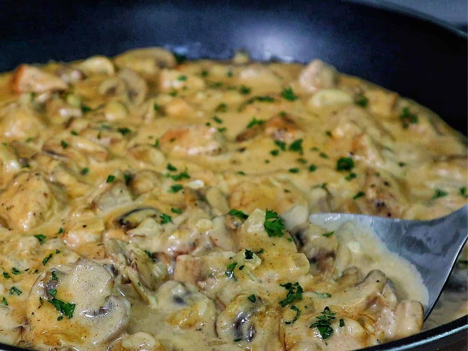 creamy chicken mushroom stroganoff, featuring tender chicken pieces and sautéed mushrooms coated in a rich, golden sauce, garnished with fresh parsley.
