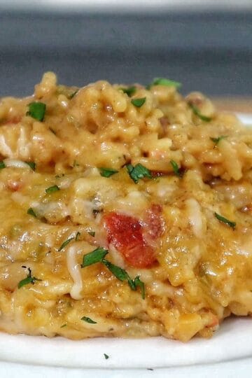 A creamy serving of one pot queso chicken and rice topped with melted cheese and fresh herbs, scooped from a skillet