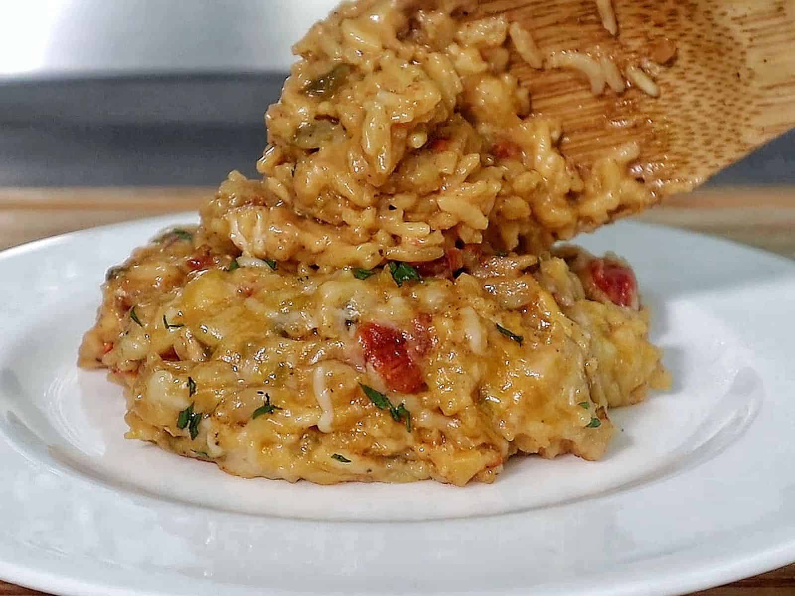 A creamy serving of one pot queso chicken and rice topped with melted cheese and fresh herbs, scooped from a skillet