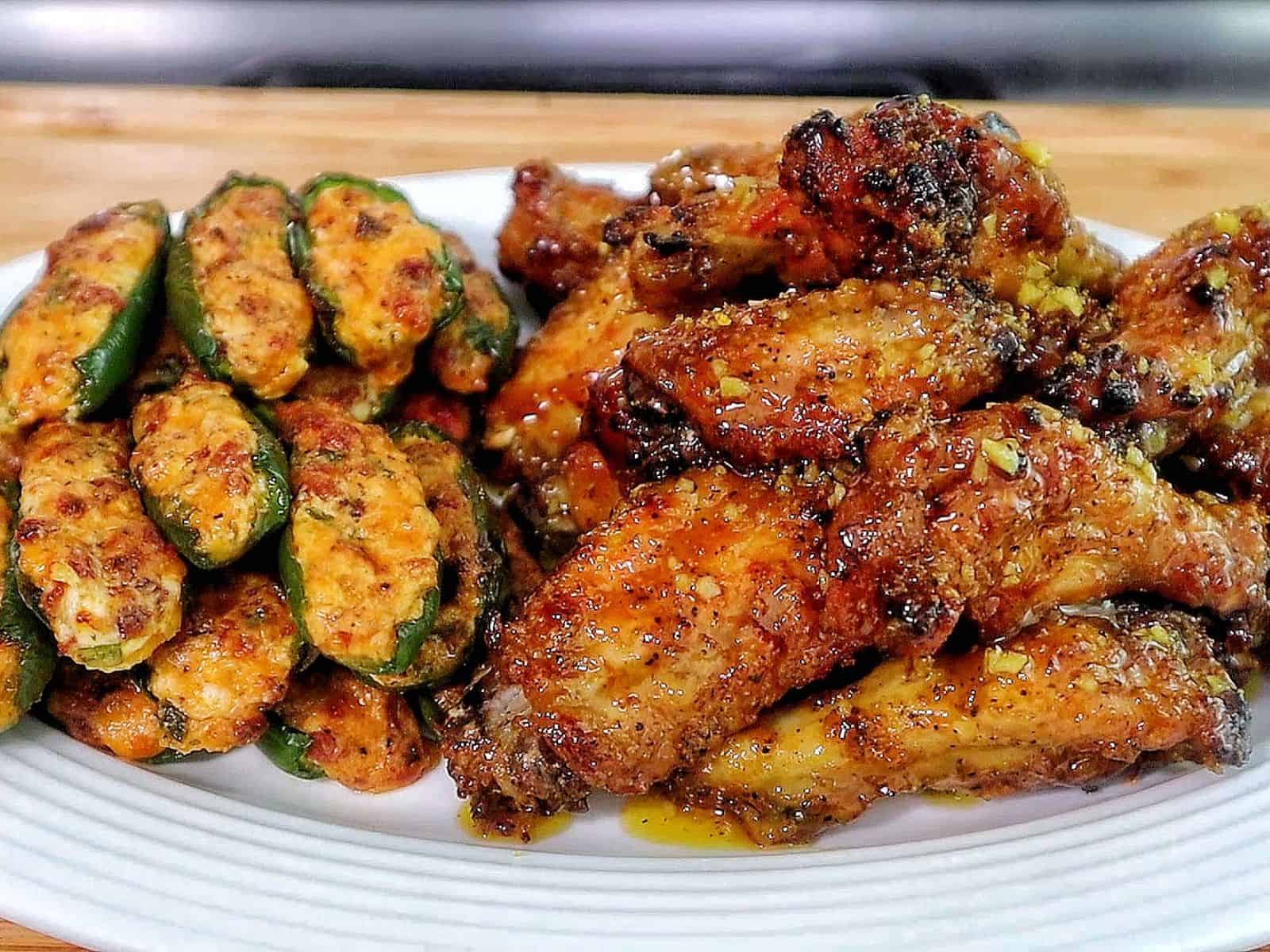 A plate filled with crispy honey lemon pepper chicken wings tossed in a lemon pepper sauce, served alongside jalapeño poppers stuffed with a cheesy bacon filling.