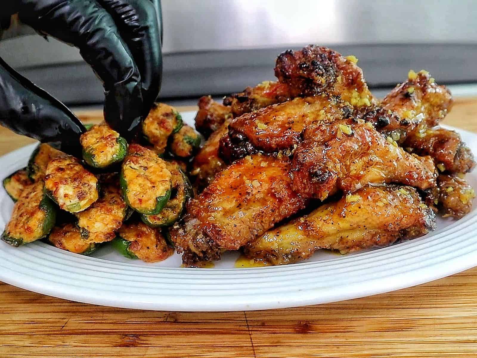 A plate filled with crispy honey lemon pepper chicken wings tossed in a lemon pepper sauce, served alongside jalapeño poppers stuffed with a cheesy bacon filling.