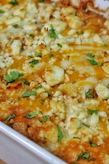 Creamy street corn chicken casserole baked with melted cheese, corn, shredded chicken, and garnished with cilantro.