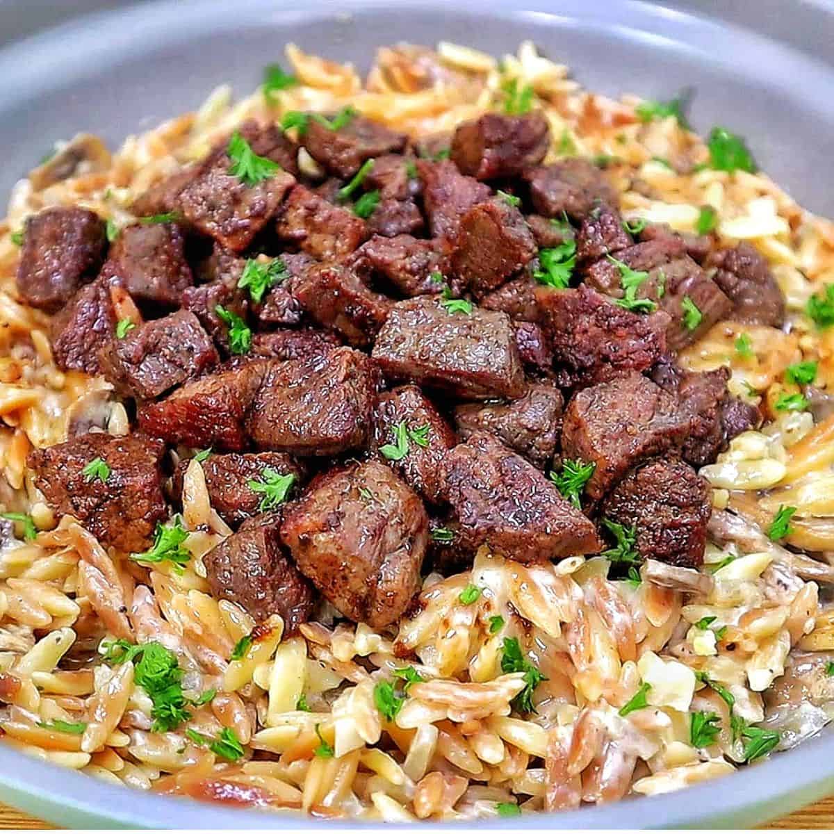Steak Bites with Mushroom Orzo