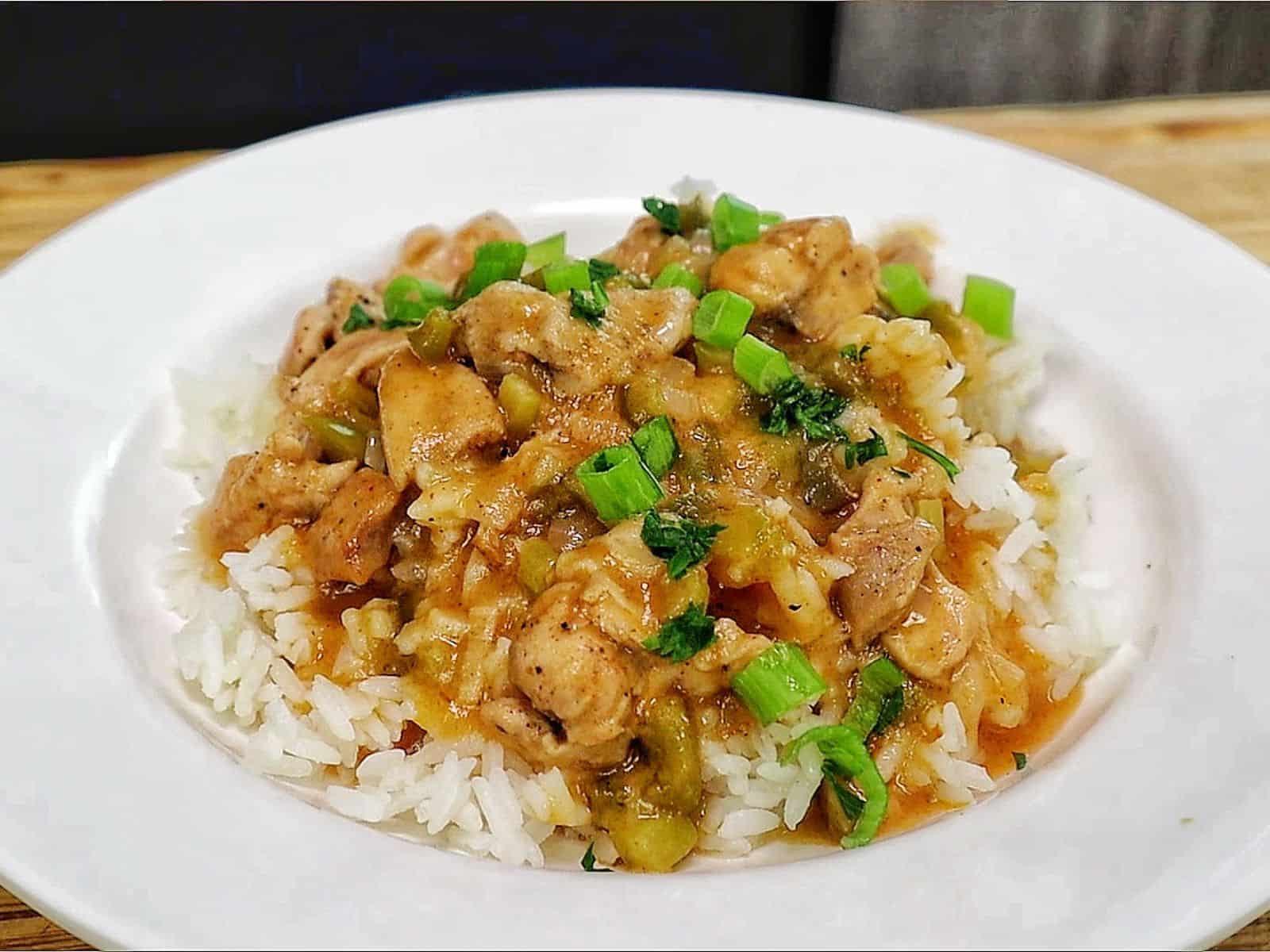 A bowl of homemade Chicken Étouffée served over fluffy white rice, with tender Cajun-seasoned chicken in a rich brown gravy with onions, celery, bell peppers, and topped with fresh green onions and parsley.