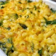 creamy homemade macaroni and cheese made with elbow pasta, fresh spinach, and a rich blend of cheddar, mozzarella, Parmesan, and cream cheese.
