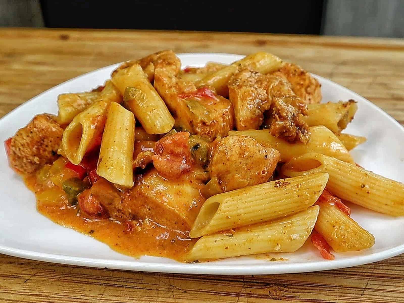 Creamy chicken fajita pasta with penne, seasoned chicken breast, red and green bell peppers, onions and tomatoes tossed in a flavorful creamy fajita sauce.