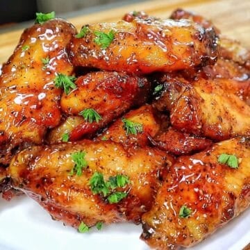Crispy baked lemon pepper chicken wings coated in a sticky honey lemon glaze and garnished with fresh chopped parsley.