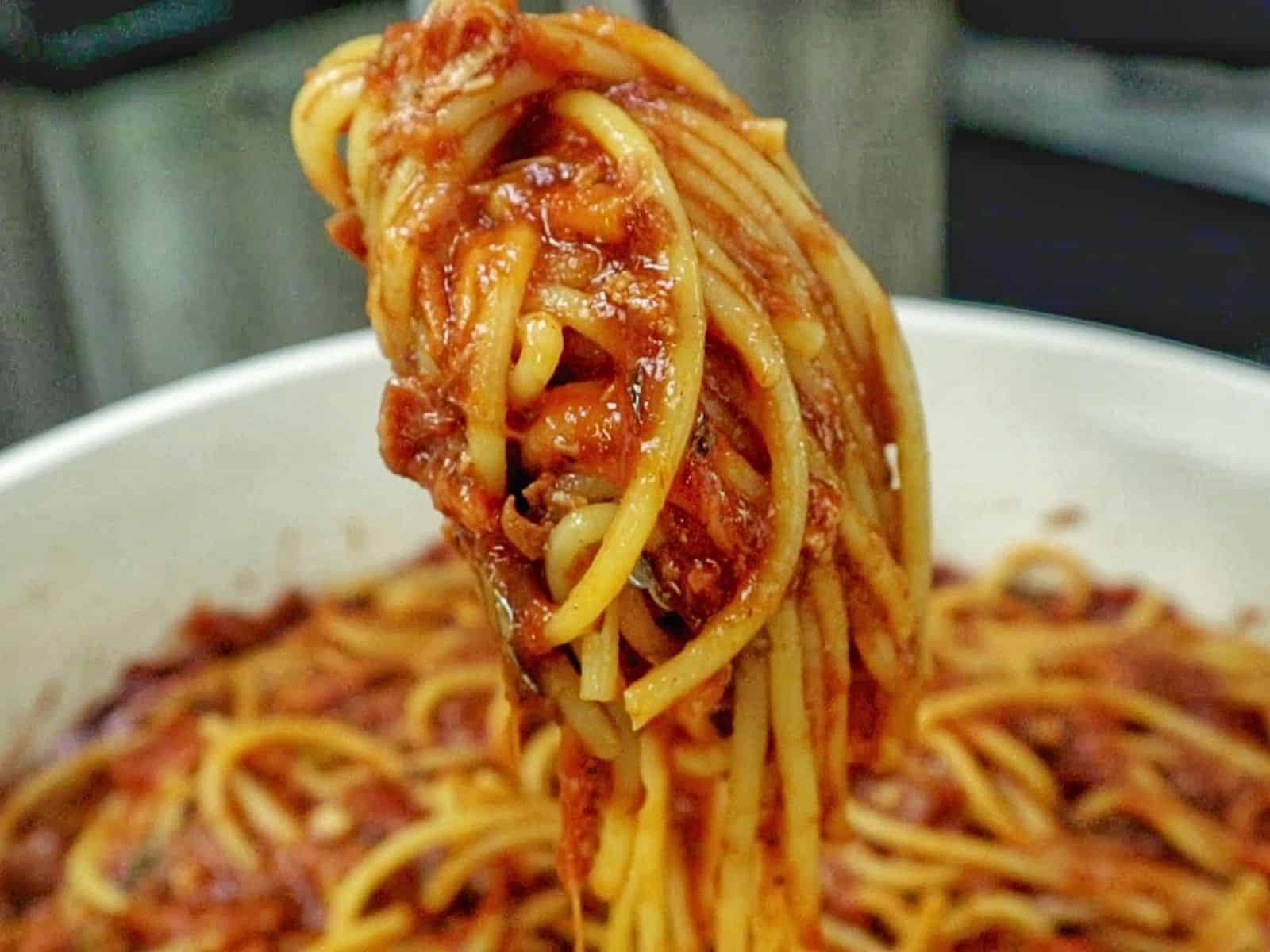 Close-up of BBQ Pulled Pork Spaghetti featuring shredded pork, spaghetti noodles, diced tomatoes, and a thick, smoky barbecue tomato sauce.